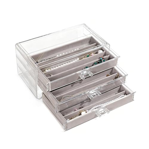 CLUQMEIK Necklace Organizer Box, Tray with Clear Lid, Dustproof Velvet Necklaces Holder Storage Display Case, Necklace Tray Drawer Insert for Pendant Suitable for Women and Girls (Grey) - color: Grey-3layer