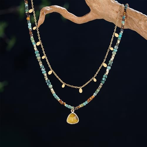 Plumiss Boho Handmade Natural Jasper Stone Beaded Crystal Mixed Strand Short Necklace for Women Girl - color: Tiger Eye Charm