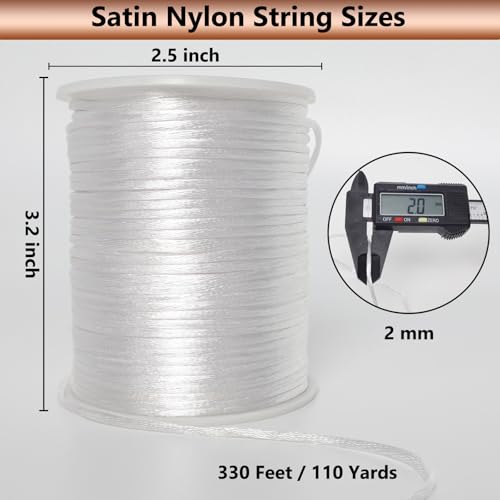 LUSTEMBER 2 mm x 330 Feet Satin Nylon Cord, Silky Smooth Nylon String for Jewelry Making Bracelet Necklaces Beading Thread Rattail Macrame Kumihimo Chinese Knot Craft - size: White