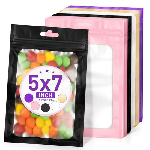 ANZNKU 50 Pack Mylar Bags Mix Color, Resealable Packaging Bag with Clear Window for Small Business, Smell Proof Foil Pouch Zip Bag for Food Candy & Treat, Self Sealing Bags for Easter(5x7 Inch) - color: Multicolor Matte, size: 5x7 Inch