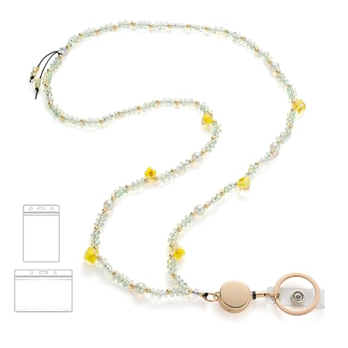 BettDecor Lanyards for ID Badges and Keys, Dried Flower Glass Beaded Retractable Lanyards for Women and Teachers, Key and ID Necklace Teacher Lanyard for Office and Travel (Clear Yellow) - color: D-clear Yellow