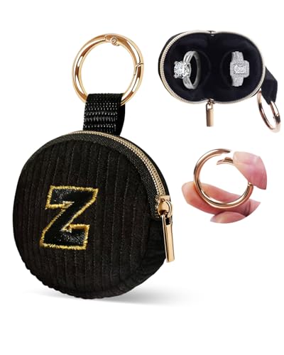 Mini Travel Ring Holder Keychain, Portable Corduroy Jewelry Ring Holder Pouch with Letter, Small Earrings Case for Gym Sports Bag Purse (Z, Black) - style: Z