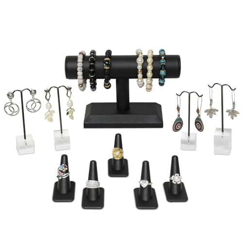 MOOCA Jewelry Display Set, Necklace Display Bust, Earring Organizer, Ring Holder Stand for Showcase and Store, Premium Fabric - color: 6) 10 piece. Black Faux Leather