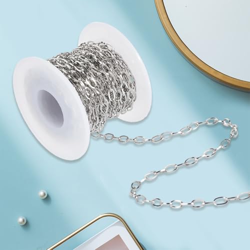 16.4 Feet/5M Stainless Steel Cable Chain Roll with Plastic Spool Silver Oval 7 x 4mm Textured Soldered Jewelry Link Chain Connectors for Jewelry Making Necklaces Bracelets DIY Crafts