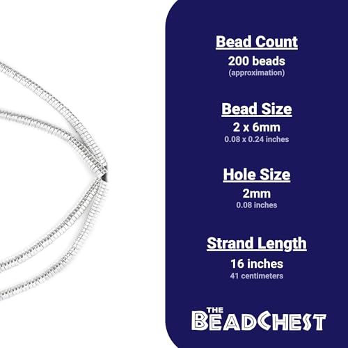 The Bead Chest Shiny Silver Snake Disk Beads 6mm, Full Strand of Quality Metal Spacers for DIY Jewelry Design - color: White,Silver