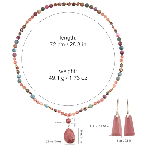 2 Pcs Boho Lapis Lazuli Jewelry Set for Women - Handmade Natural Stone Beaded Long Necklace with Oval Lapis Lazuli Pendant & Trapezoid Lapis Lazuli Earrings | Vintage Elegance | Ideal Gift for Her - style: Rhodochrosite Pendant