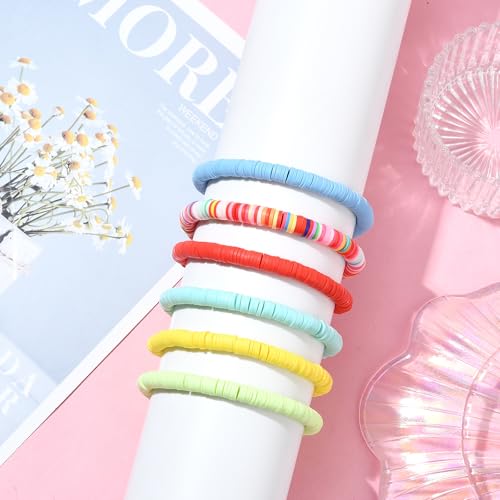Ornaland 12 Pcs Hei Shi Surfer Bracelets Friendship Bracelets Clay Bead Bracelets Polymer Stretch Bracelet Stackable Bracelet Set Women Summer inner diameter of the bracelet is about 6.5~7cm