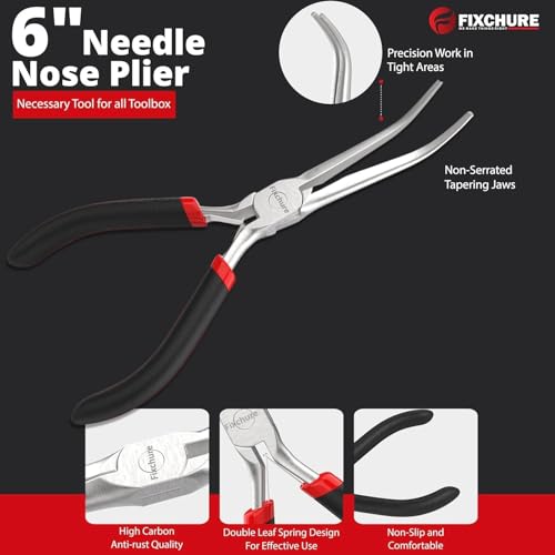 6" Long Needle Nose Pliers Bent 45° - Mini Jewelry Plier for Wire Wrapping, Handmade Craft, Non-Serrated with insulated Comfort Grip