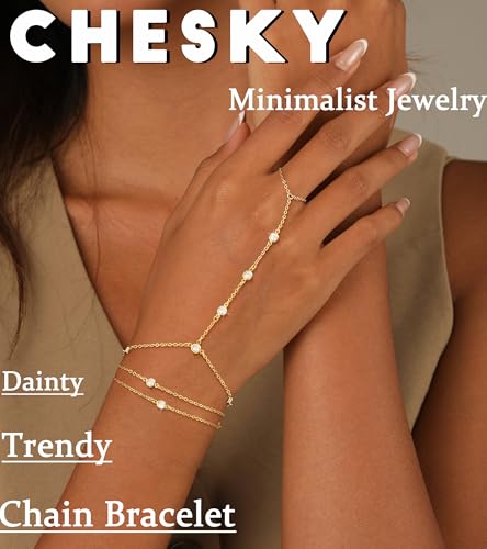 CHESKY 14K Gold Plated Hand Chain Bracelets for Women Set - Dainty Finger Ring Bracelet Stack Adjustable Hand Chains Durable Beaded Bracelets Trendy Simple Body Jewelry Gift for Women - style: 3CZ bracelet-gd