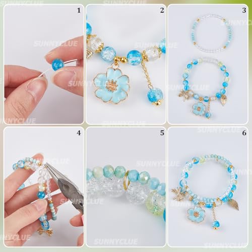 SUNNYCLUE 1 Box 430pcs DIY 4 Sets Flower Bracelet Making Kit Enamel Flower Charms Spring Light Gold Plated Violet Flowers Bowknot Leaf Electroplate Clear Ab Colors Bead for Jewelry Making Beginners - style: Flower
