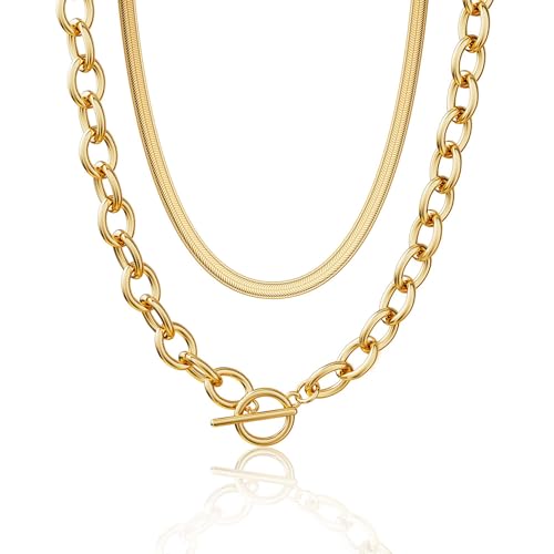 CHESKY 14K Gold Plated Chunky Necklace for Women, Trendy Paperclip Chain Necklace Thick Cross Heart Pendant Necklace Layered Herringbone Cuban Link Chain Toggle Necklaces Non Tarnish Jewelry - color: gold, style: paperclip+herringbone