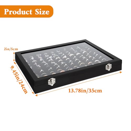 2 Pcs 100 Slots Ring Organizer Box with Transparent Glass Lid, Velvet Jewelry Display Case for Rings, Necklaces, Earrings Storage, Black