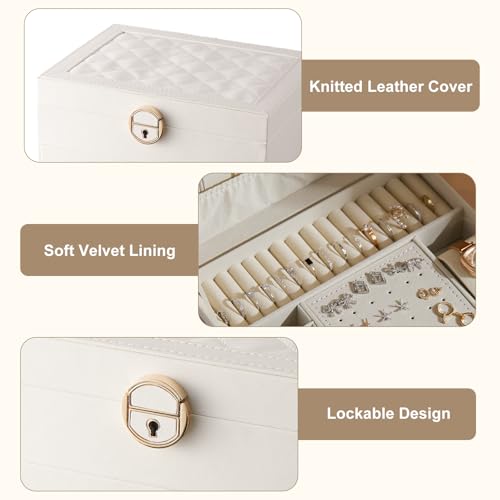 3 Layer Jewelry Box with Lock, Women Large Jewelry Holder Organizer with Drawer for Necklaces, Rings, Bracelets, Earrings, Watches, Valentines Gift for Mom Girl Wife(Creamy-white) - color: Creamy-white