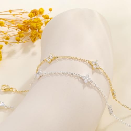 KOHOTA Silver Gold Bracelets for Women Trendy 14K Gold Plated Bracelet for Women Non Tarnish Dainty Stackable Clover Flower Heart Butterfly Diamond CZ Charm Station Bracelets Stack Jewelry Gifts - color: A: Clover-Silver