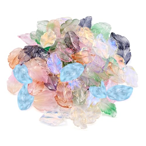 Glass Leaf Beads Crystal Glass Leaf Charms Transparent Leaves Pendants Tiny Green Leaf Bead Caps for Christmas Earring Bracelet Jewelry Making DIY Keychain Craft - color: 10 Colors-Feather Leaf