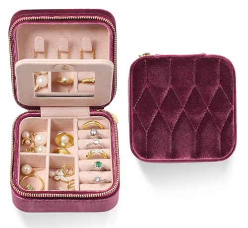 Travel Jewelry Organizer with Mirror – Rose Pink Velvet Organizer Adjustable Compartments for Necklaces, Rings | Portable Luxury Travel Jewelry Case for Women, Gift-Worthy Design - color: Rose Pink