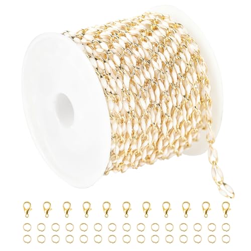 White Enamel Cable Chain Customize Necklace DIY Jewelry Chain Roll, 2 Meters Gold Plated Brass Chain with Jump Rings and Lobster Clasps - color: White