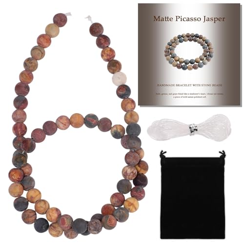 Stone Beads, 60pcs Matte Picasso Jasper, 6mm Round Loose Beads for Jewelry Making, Bracelets, with Bag, String & Card - color: Matte Picasso Jasper, size: 6mm