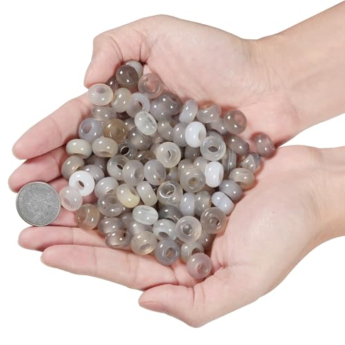 TUMBEELLUWA Natural Gemstone Beads for Jewelry Making, Rondelle Large Hole Loose Beads Pack of 15,Gray Agate(8x14mm) - color: Gray & White