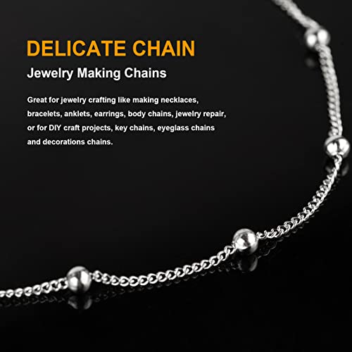 KYUNHOO 32.8 Feet/10M Silver Satellite Bead Chain 304 Stainless Steel Chain for Jewelry Making Women Necklace Chain Bulk DIY Crafts Jewelry Supplies with Lobster Clasps and Jump Rings - color: Bead Silver