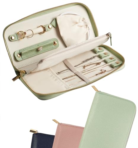 Travel Jewelry Organizer Case - for Tangle-Free Necklaces, Earrings, Rings, Bracelets Storage, Travel Essentials, Fashion Portable Jewelry Travel bags for Women - Medium Macaron Green - color: Medium Macaron Green