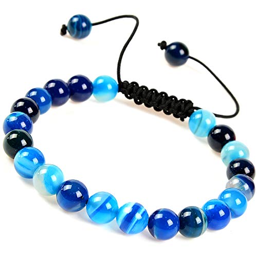 MASSIVE BEADS Natural Healing Power Gemstone Crystal Beads Unisex Adjustable Macrame Bracelets - color: Agate Blue, size: 8mm