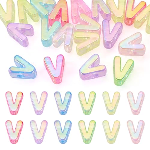 FASHEWELRY 20Pcs Large Hole Acrylic Beads Letter V Iridescent Big Plastic Letter Blocks European Beads Clear 3D Letters Initial Alphabet Bead for Keychains Necklace DIY Arts Craft - color: Random Clear, size: V