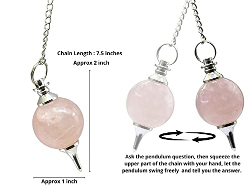 Amazing Gemstone Rose Quartz Crystal Ball Pendulum Necklace - Dowsing Pendulum with Chain and Quartz Bead for Reiki Healing and Meditation - color: Rose Quartz