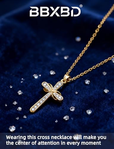 Stainless steel Cubic Zirconia Cross Necklace for Women Pendant with Chain 16"/18"+2" Perfect Jewelry Gifts for Birthday Christmas Mothers Day Wedding - size: 18+2 inches, style: 18K Gold Plated