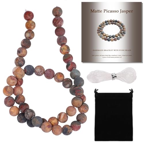 Stone Beads, 45pcs Matte Picasso Jasper, 8mm Round Loose Beads for Jewelry Making, Bracelets, with Bag, String & Card - color: Matte Picasso Jasper, size: 8mm