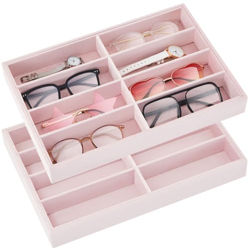 Amylove 2 Pcs Sunglass Organizer Trays Glasses Stackable Jewelry Trays Sunglass Organizer Display Box(8 Grids,Pink) - color: Pink, size: 8 Grids