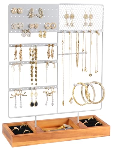 Jewelry Holder Organizer Stand, 4 Tier Earring Organizer with 84 Holes Ear Stud, Jewelry Display with Earring Necklace Bracelet Holder, Jewelry Organizer Holder with Wood Basic stand (White+Brown) - color: White+Brown