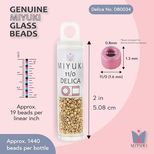 Miyuki Delica Seed Beads – Size 11/0 (1.6 mm), DB0034, Light 24K Gold Plated, 7.2 g, Approx. 1440 Beads, Made in Japan - color: DB0034 - Light 24K Gold Plated