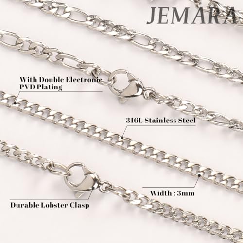 JEMARA 3Pcs Men's Stainless Steel 3mm Silver Chain Necklace Sets ，Non Tarnish Cuban Link Jewelry Gifts（18-22 inch） - size: 18 inches