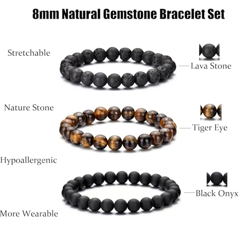 RANKEEF Tiger Eye Bracelet For Men 8MM Natural Stone Stretch Adjustable Black Crystal Beaded Bracelet for Men Women Gifts - color: 3 Lava, tigers-eye, black-onyx