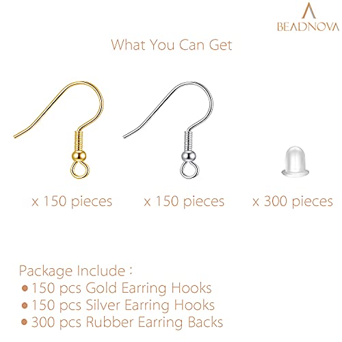 BEADNOVA Earring Hooks 300pcs Earring Kits with Rubber Backs Ear Hook for Jewelry Making DIY Ear Wires Supplies (300pcs Mix Earwires and 300 pcs Backs, Total 600pcs) - color: 300pcs