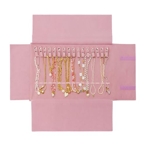 UnionPlus Velvet Travel Jewelry Roll Bag Organizer for Necklace, Elastic Band and Anti-winding, Blush Pink - color: Blush Pink, size: Medium