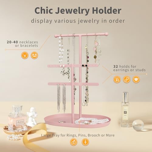 Saydear Elegant Jewelry holder Organizer 2-Tier Display Storage Stand for Earrings Necklaces with Ring Tray Spacious and Durable, Easy to Assemble Pink - color: Pink