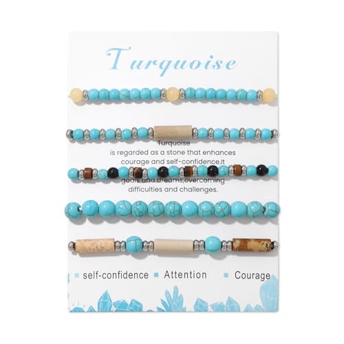 5Pcs Crystal Bracelet for Women Spiritual Natural Stone Bracelet Set Stackable Beaded Bracelets Healing Crystal Bracelet Gemstone Bead Bracelet Beaded Stretch Bracelets for Women - style: Turquoise