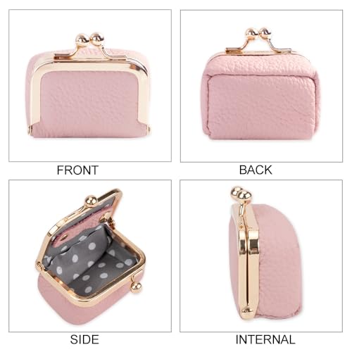 2 Pcs Genuine Leather Mini Jewelry Box, Portable Travel Jewelry Case Organizer for Women, Small Coin Purse with Kiss Lock for Earring Rings Necklace Bracelet Earphone Gift(Pink & Black)