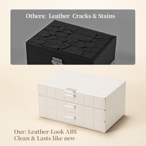 LAMU Jewelry Box Organizer with Mirror, 3-Layer Jewelry organizer with 2 Drawers, Large PU Leather Organizer for Earrings Rings Necklace Bracelet, Ideal Valentines Day Gifts for Girls Women, White