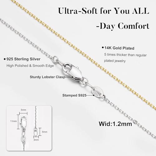 IEFWELL 14K-Real-Gold-Plated S925 Sterling Silver Chain Necklace for Women, 1.2/0.8mm Satellite Bead Cable Box Chains Set Hypoallergenic Sturdy Women's Chain Necklace, 16/18/20/22 Inch Jewelry Gifts - color: Cable Chain, size: 22 Inch