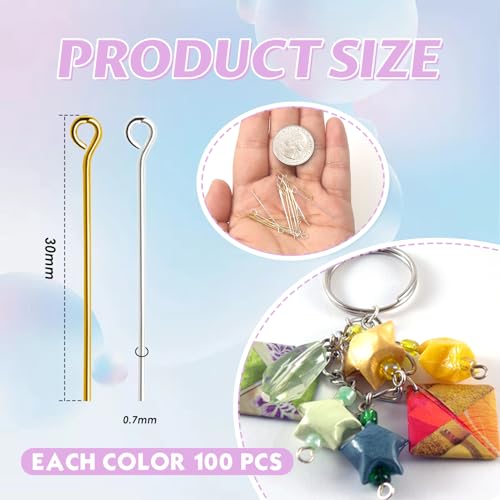 TOAOB 200pcs Eye Pins for Jewelry Making 30mm Gold Silver Brass Open Head Pins Findings for DIY Crafts Necklaces Bracelets Earrings - size: 30mm