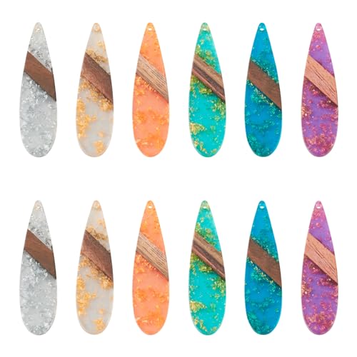 Beadthoven Transparent Teardrop Big Pendants for Jewelry Making, 12Pcs/6 Pairs Resin Wood Charms Glittery Crystal Pendants for Women Wood Earrings Necklace Bookmarks Making DIY Crafts Supplies - color: Colorful Drop Glittery