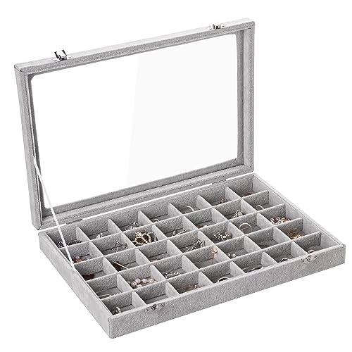 Frebeauty Velvet Jewelry Tray,35 Grid Jewelry Organizer with Clear Lid,Earring Holder Organizer Case with Clasp,Drawer Insert for Rings Studs,13.8 x 9.5 x 2 Inches,Gift for Women Girls(Grey) - color: Grey, size: 35 Grid