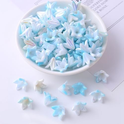 130Pcs Acrylic Trumpet Flower Beads for Jewelry Making AB Lily Flower Bead Caps Gradient Pastel Floral Beads for Earrings Necklace Bracelet DIY Craft Accessories Keychain(Blue) - color: Blue