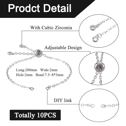 FASHEWELRY 10Pcs Adjustable Slider Bracelet Platinum Cable Chains Bracelet Slider Extender Chains with Cubic Zirconia Ends for Woman Jewelry Making, 7.87 Inch Long - color: Platinum Cable Chains, size: 7.87"