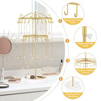 iDavosic.ly 2 Tier Rotating Necklace Holder Organizer with 42 Hooks, Adjustable Metal Bracelet Display Stand Rack, Extra Tall Keychain Spinning Tree Tower for Women, Wooden Base | White & Gold - color: White with Wooden Tray