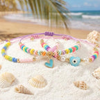 Evil Eye Heart Charm Stackable String Rope Colorful Beaded Bracelets Set For Women, Boho Handmade Adjustable Protection Lucky Gold Jewelry, Daily Party Friendship Gift - color: Pink