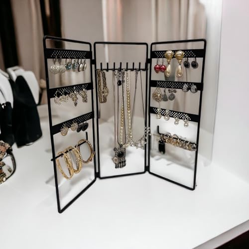 Jewelry Holder, Jewelry Organizer, folding 3 piece Jewelry Display Stand with Metal Frame, Necklace Earring Bracelet Holder, for Studs, Rings, Gift Idea, Gold, Silver, Black Color (BLACK) - color: BLACK